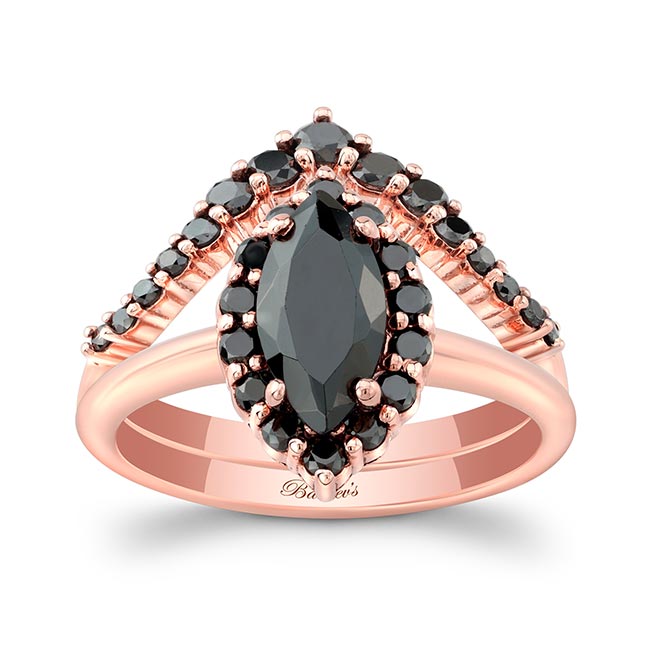 Rose Gold Marquise Cut Black Diamond Wedding Set