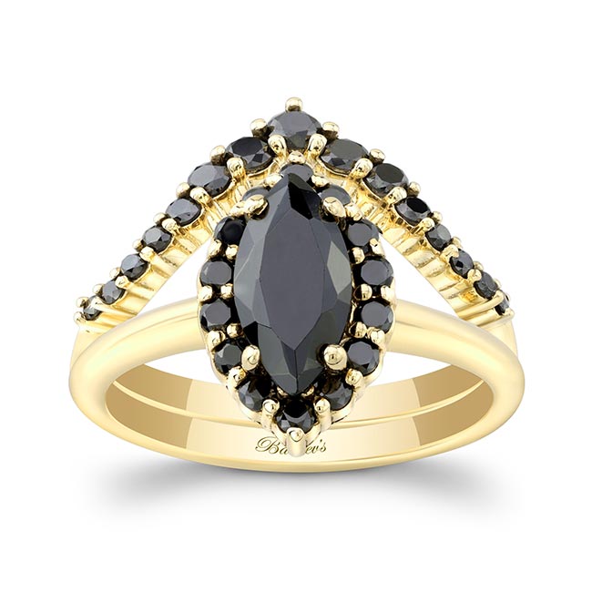 Yellow Gold Marquise Cut Black Diamond Wedding Set