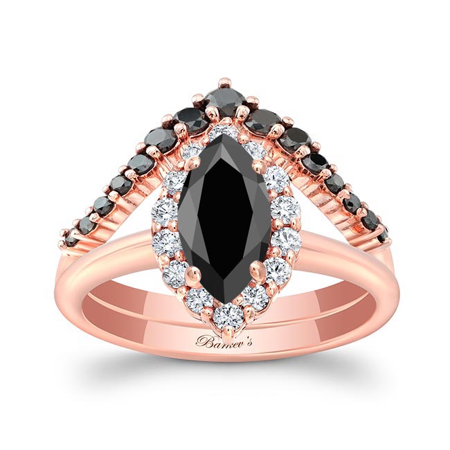 Rose Gold Marquise Cut Black And White Diamond Wedding Set With Black Diamonds