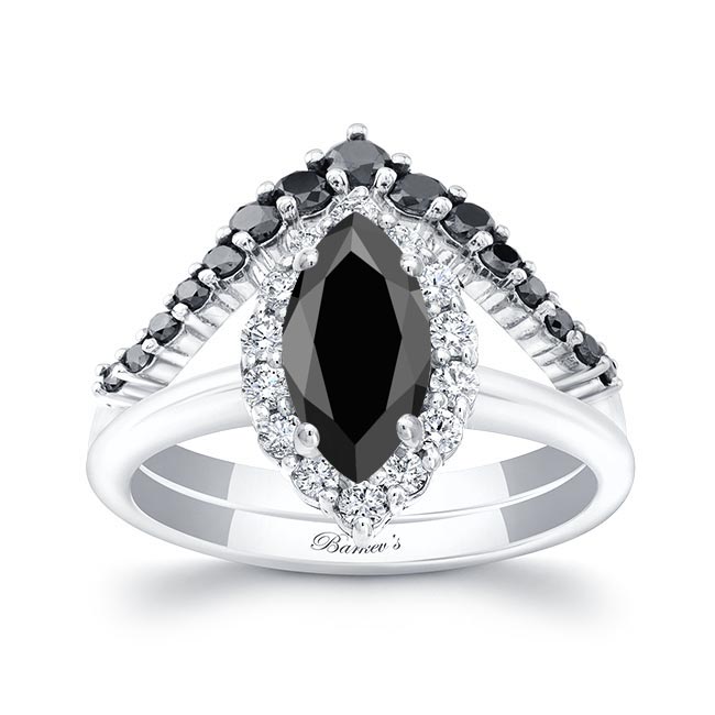 Marquise Cut Black And White Diamond Wedding Set With Black Diamonds