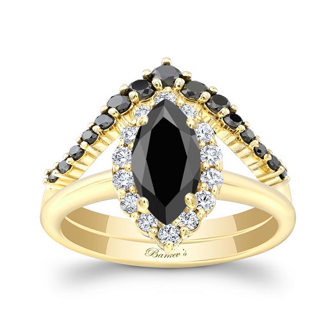 Yellow Gold Marquise Cut Black And White Diamond Wedding Set With Black Diamonds