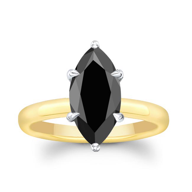 White Yellow Gold Marquise Black Diamond Solitaire Engagement Ring