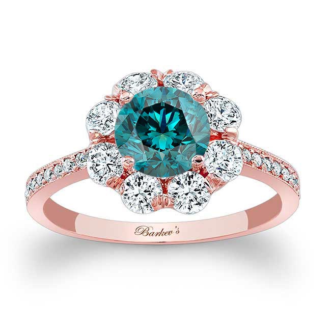 Rose Gold Flower Halo Blue And White Diamond Engagement Ring