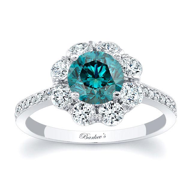 Flower Halo Blue And White Diamond Engagement Ring