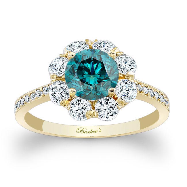 Yellow Gold Flower Halo Blue And White Diamond Engagement Ring