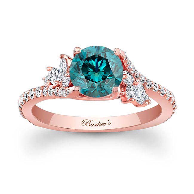 Rose Gold 1 Carat Round Blue And White Diamond Ring