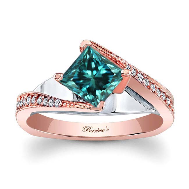 Rose Gold 1 Carat Princess Cut Blue And White Diamond Engagement Ring