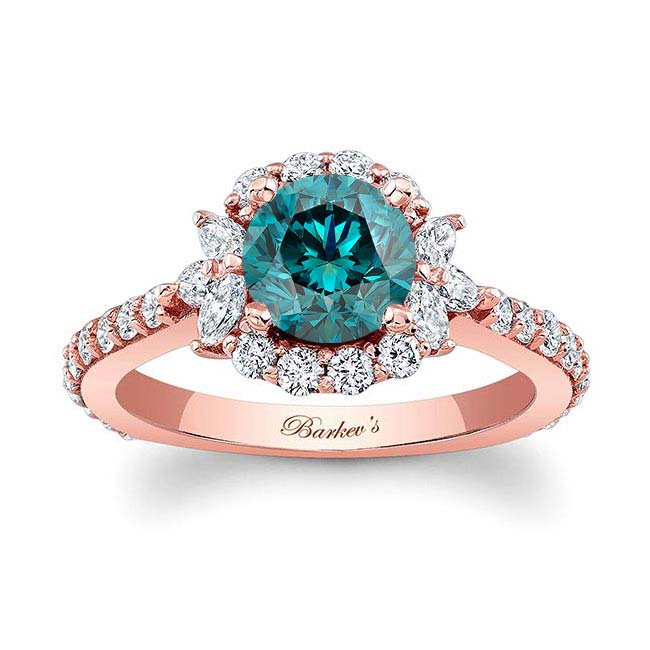 Rose Gold Marquise Halo Blue And White Diamond Ring