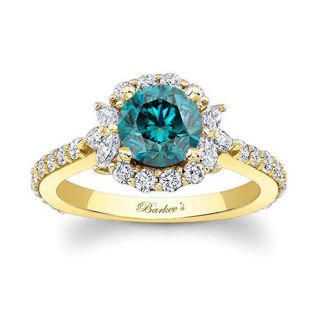 Yellow Gold Marquise Halo Blue And White Diamond Ring