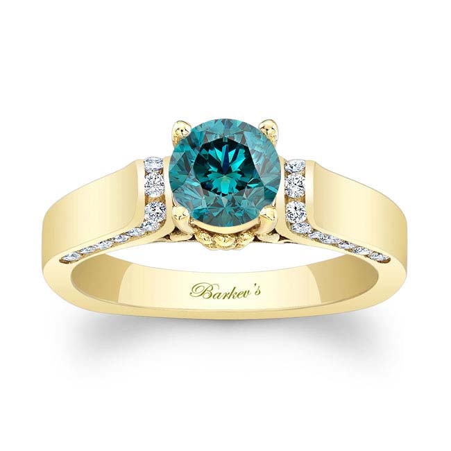 Yellow Gold Cathedral Setting Blue And White Diamond Ring