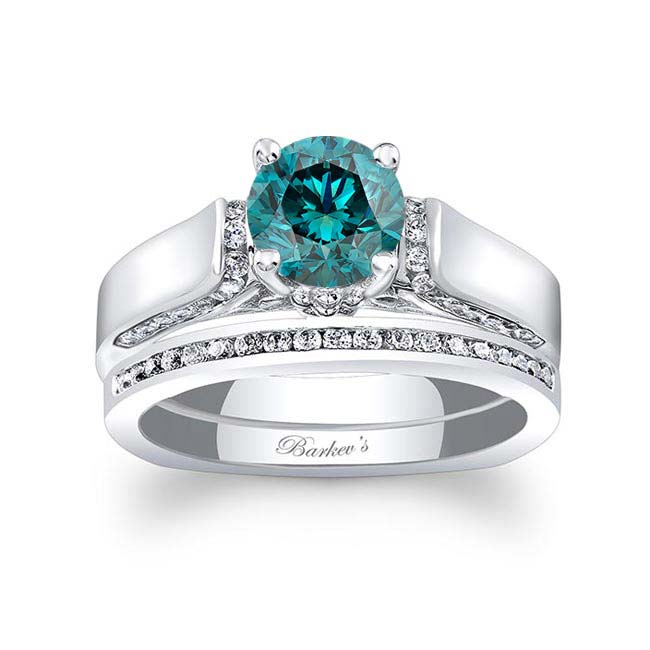 Cathedral Setting Blue And White Diamond Ring Set