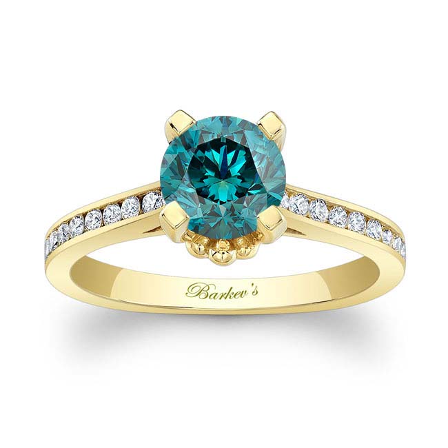 Yellow Gold Channel Set Blue And White Diamond Ring