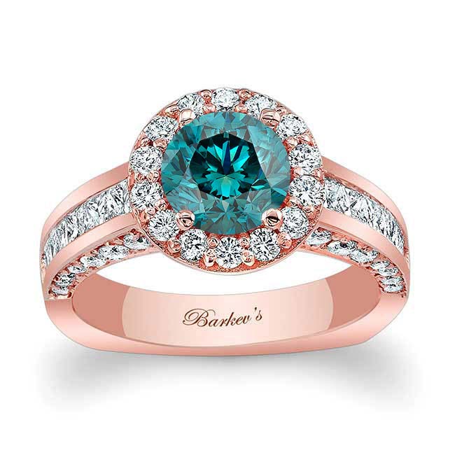 Rose Gold Round Cut Halo Blue And White Diamond Ring