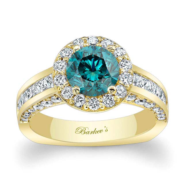 Yellow Gold Round Cut Halo Blue And White Diamond Ring