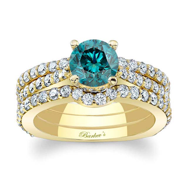 Yellow Gold Traditional Blue And White Diamond Ring Set With 2 Bands