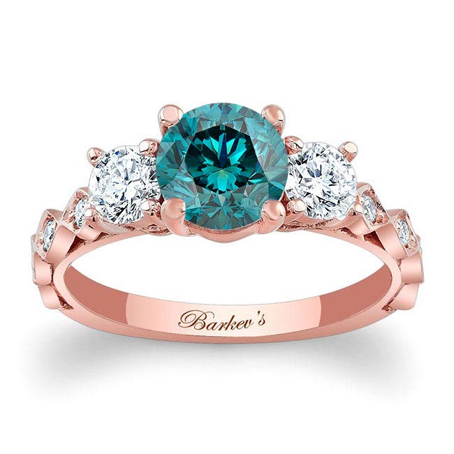 Rose Gold Vintage 3 Stone Blue And White Diamond Ring