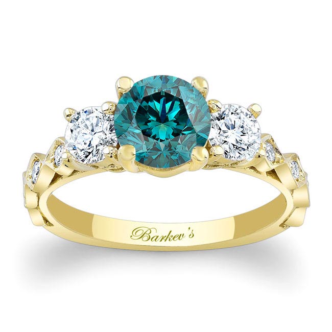 Yellow Gold Vintage 3 Stone Blue And White Diamond Ring