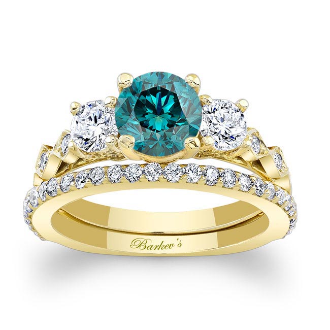 Yellow Gold Vintage 3 Stone Blue And White Diamond Ring Set