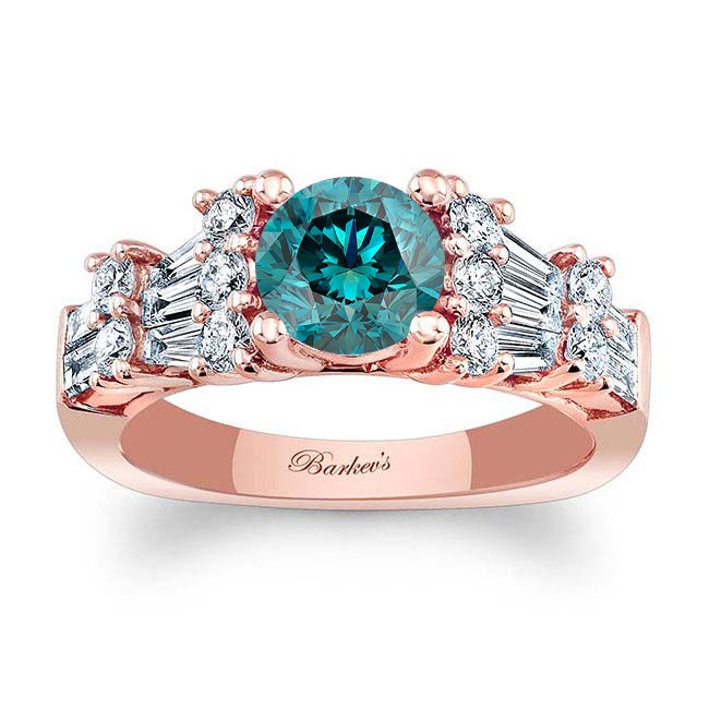 Rose Gold Baguette And Round Blue And White Diamond Ring