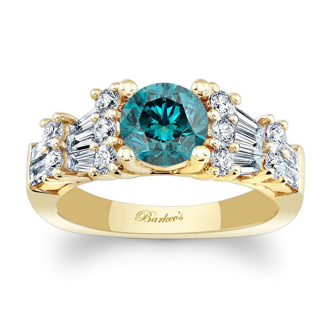 Yellow Gold Baguette And Round Blue And White Diamond Ring