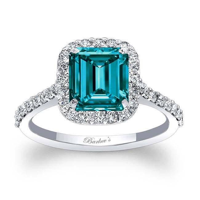 Emerald Cut Blue And White Diamond Halo Ring