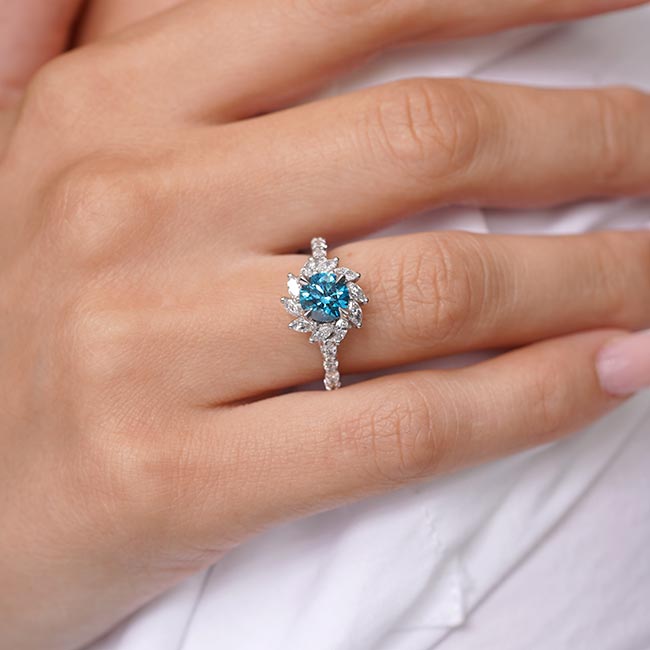 Yellow Gold Blue And White Diamond Sunflower Engagement Ring Image 2