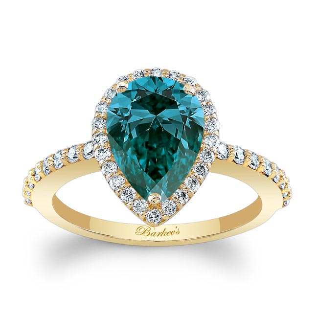 Yellow Gold Pear Shaped Blue And White Diamond Ring