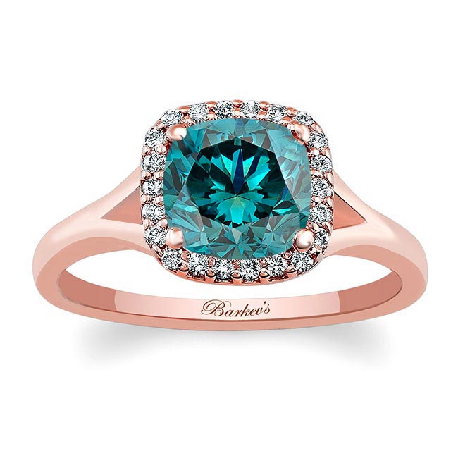 Rose Gold Cushion Blue And White Diamond Halo Ring