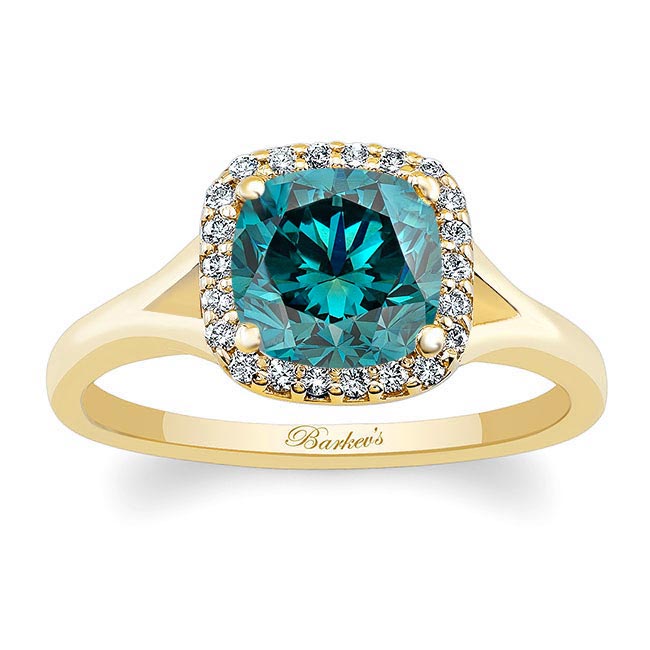 Yellow Gold Cushion Blue And White Diamond Halo Ring