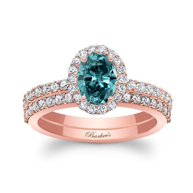 Rose Gold Oval Blue And White Diamond Halo Wedding Set