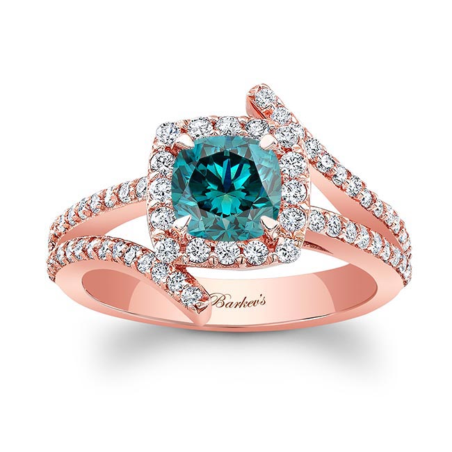 Rose Gold Split Shank Cushion Cut Blue And White Diamond Halo Ring