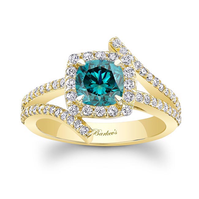 Yellow Gold Split Shank Cushion Cut Blue And White Diamond Halo Ring