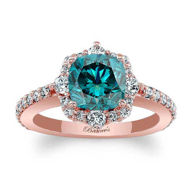 Rose Gold Halo Cushion Cut Blue And White Diamond Ring