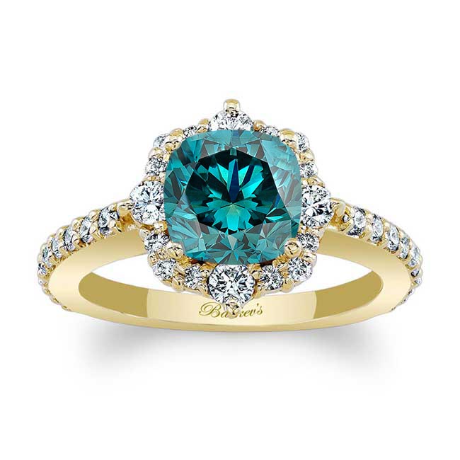 Yellow Gold Halo Cushion Cut Blue And White Diamond Ring