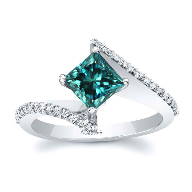 Princess Cut Blue And White Diamond Bypass Ring