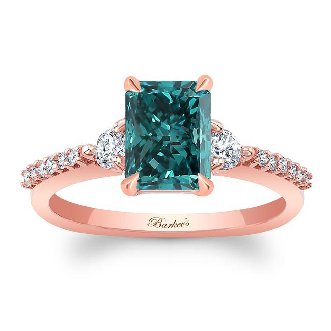 Rose Gold Blue And White Diamond 3 Stone Radiant Cut Engagement Ring