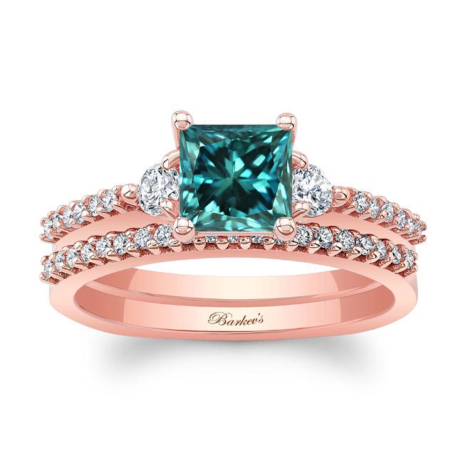 Rose Gold Blue And White Diamond 3 Stone Princess Cut Wedding Set