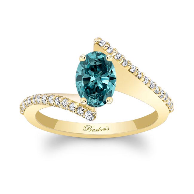 Yellow Gold Oval Blue And White Diamond Ring