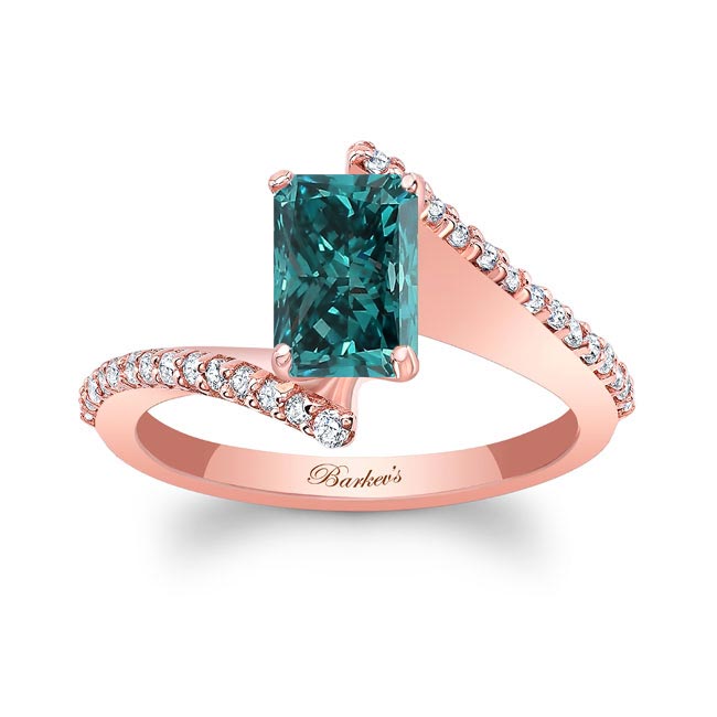 Rose Gold Radiant Cut Blue And White Diamond Pave Engagement Ring