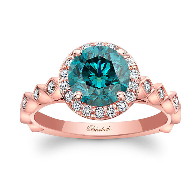 Rose Gold Vintage Halo Blue And White Diamond Engagement Ring