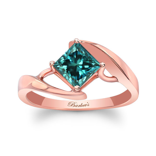 Rose Gold Bypass Princess Cut Blue And White Diamond Solitaire Ring