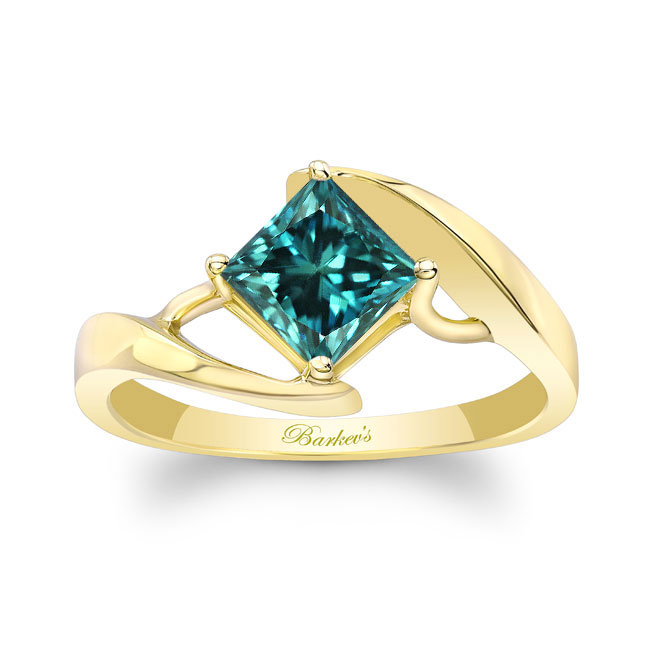 Yellow Gold Bypass Princess Cut Blue And White Diamond Solitaire Ring