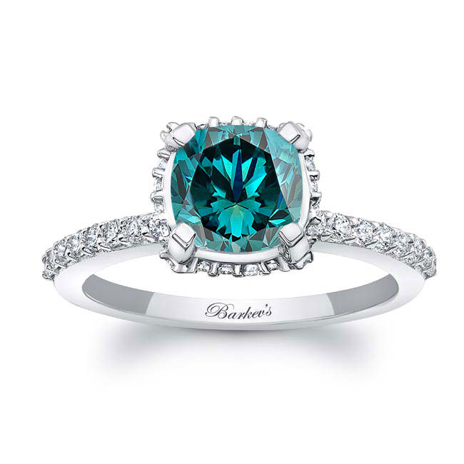 Cushion Halo Blue And White Diamond Engagement Ring