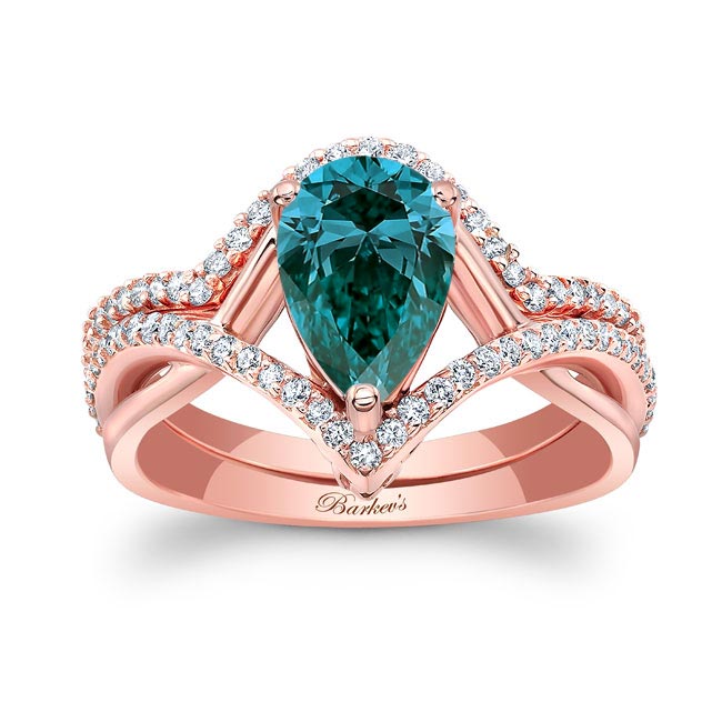 Rose Gold Unique Pear Shaped Blue And White Diamond Wedding Set