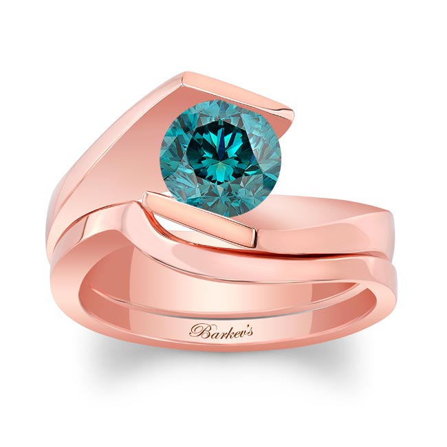 Rose Gold Tension Solitaire Blue Diamond Bridal Set