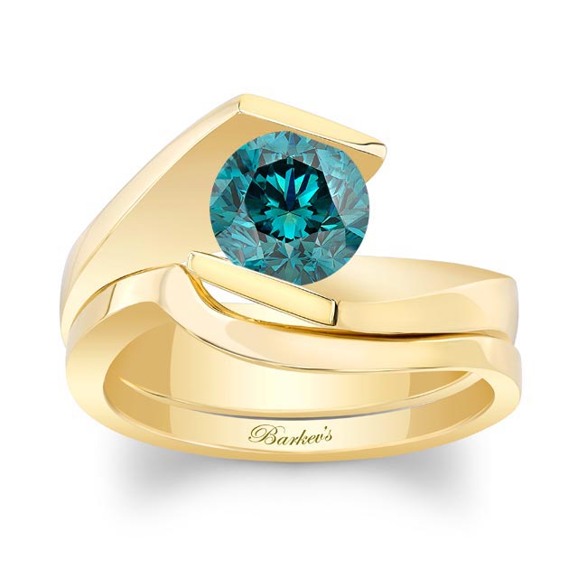 Yellow Gold Tension Solitaire Blue Diamond Bridal Set