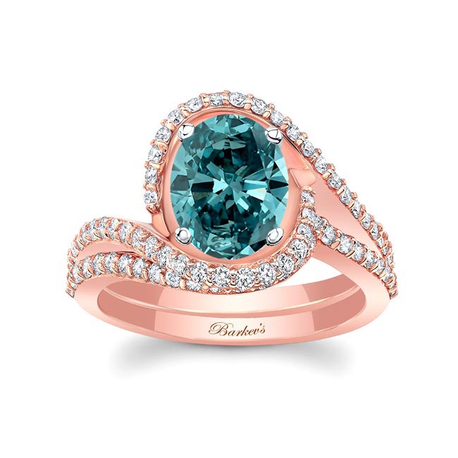 Rose Gold 2 Carat Oval Blue And White Diamond Wedding Ring Set