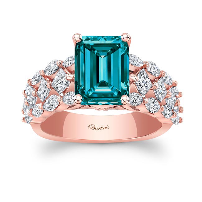 Rose Gold Three Row Emerald Cut Blue And White Diamond Ring