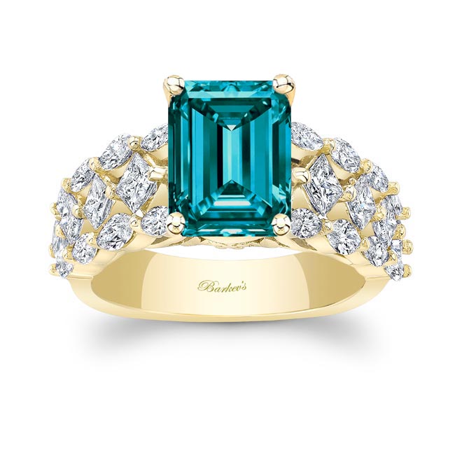 Yellow Gold Three Row Emerald Cut Blue And White Diamond Ring