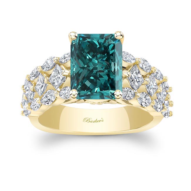 Yellow Gold Three Row Radiant Cut Blue And White Diamond Ring